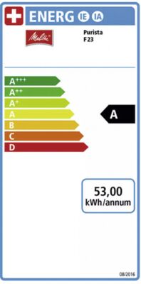 Energielabel von Melitta Kaffeevollautomat Purista, Energieeffizienzklasse A. Daten siehe Produktdetailseite.