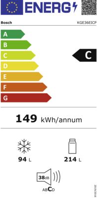 Energielabel von Bosch Kühl-Gefrierkombination KGE36EICP, Energieeffizienzklasse C. Daten siehe Produktdetailseite.