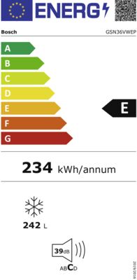 Energielabel von Bosch GSN36VWEP Stand-Gefrierschrank H:186cm,B:60cm,E, Energieeffizienzklasse E. Daten siehe Produktdetailseite.