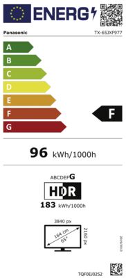 Energielabel von TX-65JXF977, Energieeffizienzklasse F. Daten siehe Produktdetailseite.