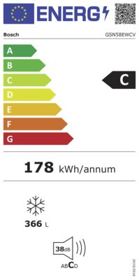 Energielabel von Bosch Stand-Gefrierschrank GSN58EWCV Select line, Energieeffizienzklasse C. Daten siehe Produktdetailseite.