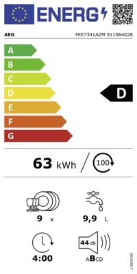 Energielabel von AEG FEE7341AZM Teilintegrierbarer-Geschirrspüler B:45cm, D, Energieeffizienzklasse D. Daten siehe Produktdetailseite.