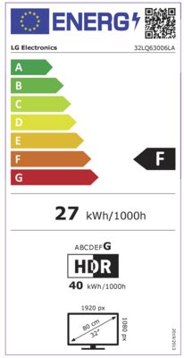 Energielabel von 32LQ63006LA, Energieeffizienzklasse F. Daten siehe Produktdetailseite.