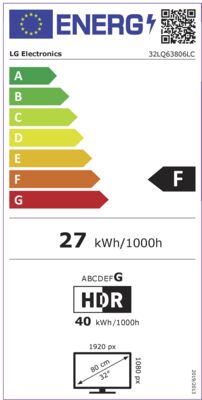 Energielabel von 32LQ63806LC, Energieeffizienzklasse F. Daten siehe Produktdetailseite.