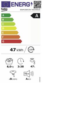 Energielabel von B5WFU58415W, Energieeffizienzklasse A. Daten siehe Produktdetailseite.