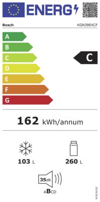 Energielabel von Bosch Kühl-Gefrierkombination KGN39EXCF, Energieeffizienzklasse C. Daten siehe Produktdetailseite.