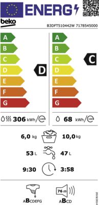 Energielabel von Beko B3DFT510442W Waschtrockner (10kg,H:84cm,B:60cm,D), Energieeffizienzklasse D. Daten siehe Produktdetailseite.