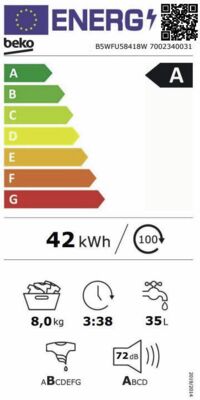 Energielabel von Beko B5WFU58418W Waschmaschine (8kg,H:84cm,B:60cm, A), Energieeffizienzklasse A. Daten siehe Produktdetailseite.