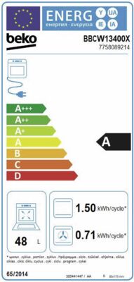 Energielabel von Beko Elektro-Backofen BBCW13400X, Energieeffizienzklasse A. Daten siehe Produktdetailseite.