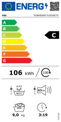 Energielabel von AEG Wärmepumpentrockner TR9W80690, Energieeffizienzklasse C. Daten siehe Produktdetailseite.