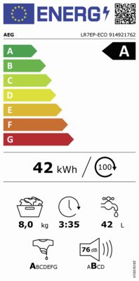 Energielabel von AEG Waschmaschine LAVAMAT LR7EP-ECO, Energieeffizienzklasse A. Daten siehe Produktdetailseite.
