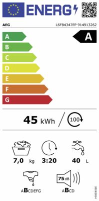 Energielabel von AEG Waschmaschine LAVAMAT L6FB4347EP (7kg,H:85cm,B:60cm,A), Energieeffizienzklasse A. Daten siehe Produktdetailseite.