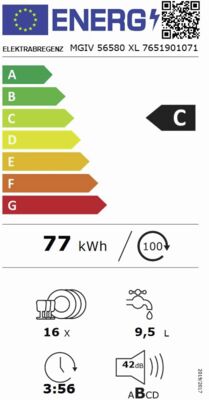 Energielabel von elektrabregenz Einbau-Geschirrspüler MGIV 56580 XL, Energieeffizienzklasse C. Daten siehe Produktdetailseite.