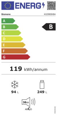Energielabel von EP39KGSXBA (KG39E8XBA+KSGGZM00 Butterdose), Energieeffizienzklasse B. Daten siehe Produktdetailseite.