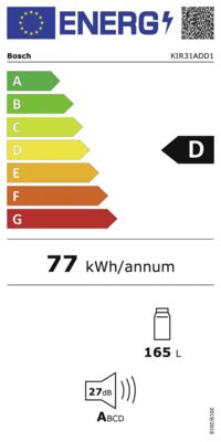 Energielabel von Bosch KIR31ADD1 Einbau-Kühlschrank H:102.5 cm, B:55,8 cm, D, Energieeffizienzklasse D. Daten siehe Produktdetailseite.