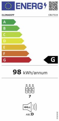 Etichetta energetica di Weinkühlschrank CBU7S1B, classe di efficienza energetica F. Dati disponibili sulla pagina del prodotto.