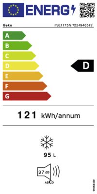 Energielabel von Beko FSE1175N Tisch-Gefrierschrank H:84cm, B:54cm, D, Energieeffizienzklasse D. Daten siehe Produktdetailseite.