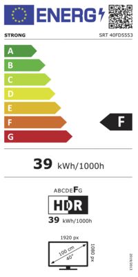 Energielabel von Strong LED-Fernseher SRT40FD5553, Energieeffizienzklasse F. Daten siehe Produktdetailseite.
