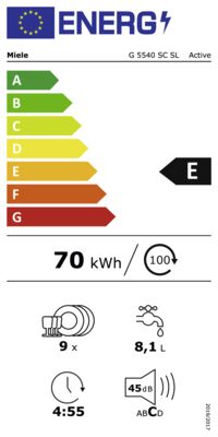 Energielabel von Miele Geschirrspüler G 5540 SC SL Active, Energieeffizienzklasse E. Daten siehe Produktdetailseite.
