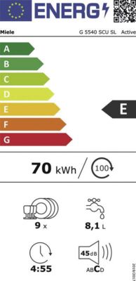 Energielabel von Miele Stand-Geschirrspüler G 5540 SCU SL Active, Energieeffizienzklasse E. Daten siehe Produktdetailseite.