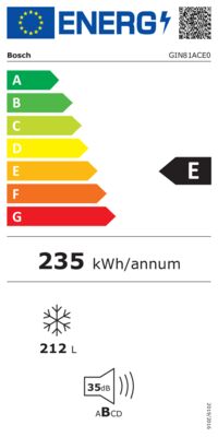 Energielabel von Bosch GIN81ACE0 Einbau-Gefrierschrank H:177,2cm,B:55,8cm,E, Energieeffizienzklasse E. Daten siehe Produktdetailseite.