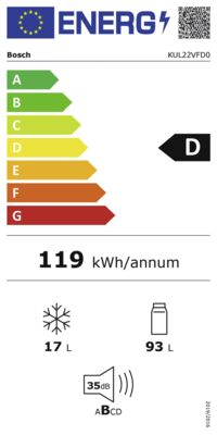 Energielabel von Bosch KUL22VFD0 UnterbauKühlsch.m.Gefrier. H:82cm,B.59,8cm,D, Energieeffizienzklasse D. Daten siehe Produktdetailseite.