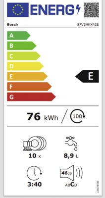Étiquette énergétique de SPV2HKX42E, classe d'efficacité énergétique E. Données disponibles sur la page produit.
