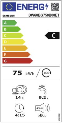 Energielabel von DW60BG750B00ET, Energieeffizienzklasse C. Daten siehe Produktdetailseite.
