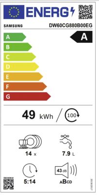Energielabel von DW60CG880B00EG, Energieeffizienzklasse A. Daten siehe Produktdetailseite.