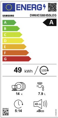 Energielabel von DW60CG880SSLEG, Energieeffizienzklasse A. Daten siehe Produktdetailseite.