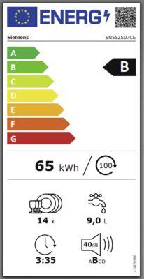 Energielabel von SN55ZS07CE, Energieeffizienzklasse B. Daten siehe Produktdetailseite.