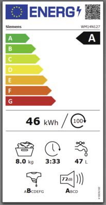 Energielabel von WM14N127, Energieeffizienzklasse A. Daten siehe Produktdetailseite.