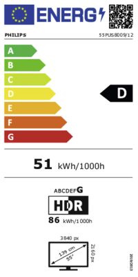 Energielabel von 55PUS8009/12, Energieeffizienzklasse D. Daten siehe Produktdetailseite.