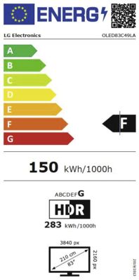 Étiquette énergétique de OLED83C49LA, classe d'efficacité énergétique F. Données disponibles sur la page produit.