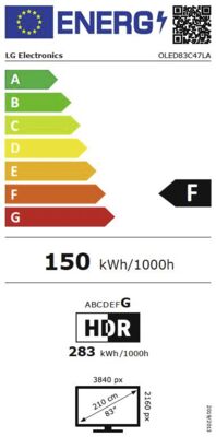 Étiquette énergétique de OLED83C47LA, classe d'efficacité énergétique F. Données disponibles sur la page produit.