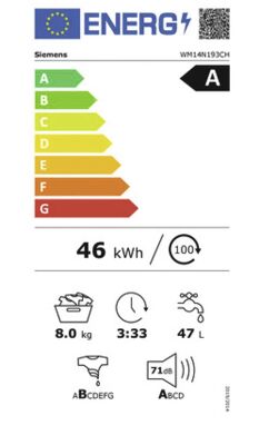 Energielabel von WM14N193CH, Energieeffizienzklasse A. Daten siehe Produktdetailseite.