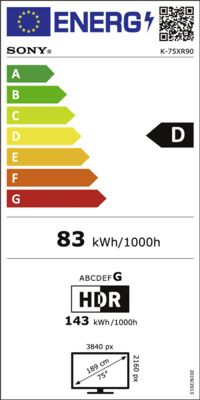 Étiquette énergétique de Bravia 9 K75XR90PAEP, classe d'efficacité énergétique D. Données disponibles sur la page produit.