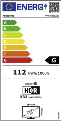 Energielabel von TV-65W93AE7, Energieeffizienzklasse G. Daten siehe Produktdetailseite.