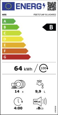 Energielabel von AEG FSE7571AP Vollintegrierbarer-Geschirrspüler B:60cm,B, Energieeffizienzklasse B. Daten siehe Produktdetailseite.