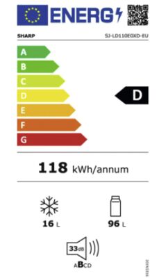 Étiquette énergétique de SJ-LD110E0XD-CH, classe d'efficacité énergétique D. Données disponibles sur la page produit.