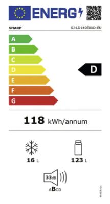 Étiquette énergétique de SJ-LD140E0XD, classe d'efficacité énergétique D. Données disponibles sur la page produit.