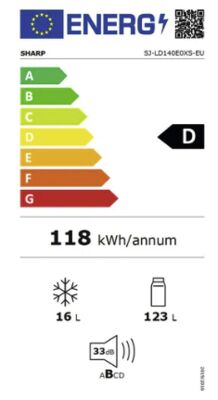 Étiquette énergétique de SJ-LD140E0XS, classe d'efficacité énergétique D. Données disponibles sur la page produit.