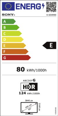 Étiquette énergétique de Bravia 9 K65XR90PAEP, classe d'efficacité énergétique E. Données disponibles sur la page produit.