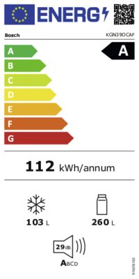 Energielabel von KGN39OCAF, Energieeffizienzklasse A. Daten siehe Produktdetailseite.