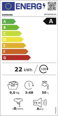 Energielabel von WF90F09C4SU2, Energieeffizienzklasse A. Daten siehe Produktdetailseite.