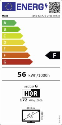 Energielabel von Taris 43 FA72 UHD twin R, Energieeffizienzklasse F. Daten siehe Produktdetailseite.