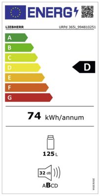 Energielabel von Liebherr URPd 365i-20 Unterbau-Kühlschrank H:81,9cm, D, Energieeffizienzklasse D. Daten siehe Produktdetailseite.