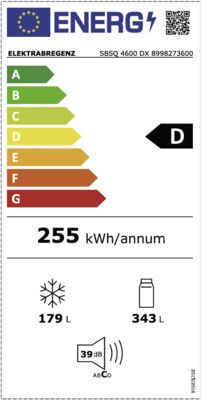 Energielabel von Elektrabregenz Side by Side SBSQ 4600 DX, Energieeffizienzklasse D. Daten siehe Produktdetailseite.
