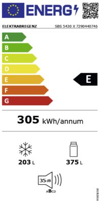 Energielabel von Elektrabregenz Side by Side SBS 5430 X, Energieeffizienzklasse E. Daten siehe Produktdetailseite.