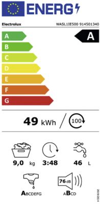 Étiquette énergétique de WASL1IE500, classe d'efficacité énergétique A. Données disponibles sur la page produit.